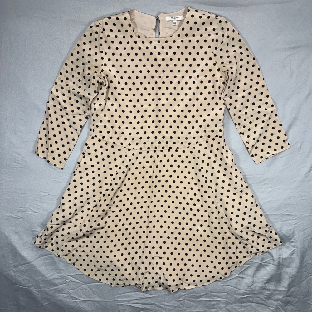 Madewell Silk Polka Dot‎ A Line Dress Beige Black XXS 3/4 Sleeve Round Neck